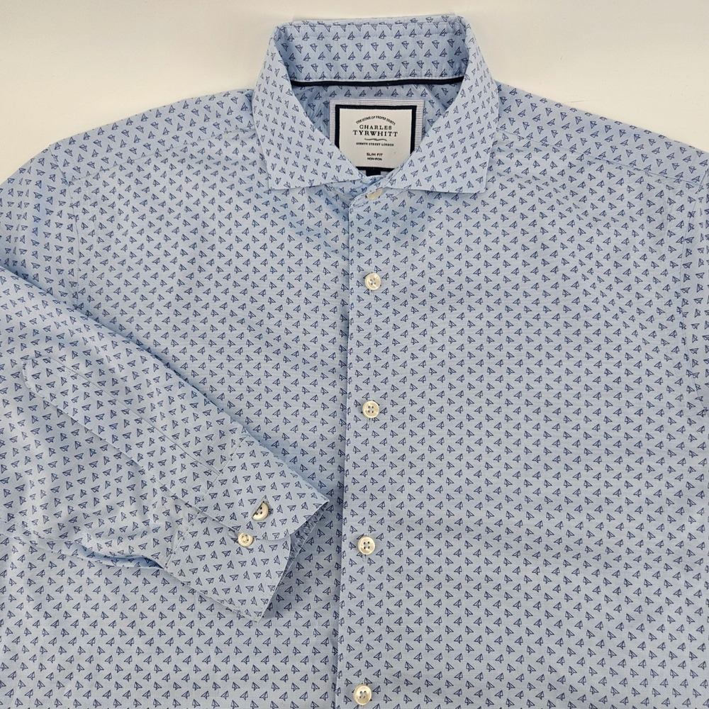 Charles Tyrwhitt Men Blue Paper Airplane Print Slim Fit Non-Iron Shirt M